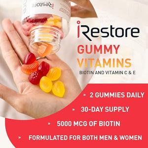 iRestore Vitamins - Vegan Biotin for Hair Growth, Skin and Nails - Vitamin C & E Gummies with Coconut Oil, Turmeric - For Men & Women