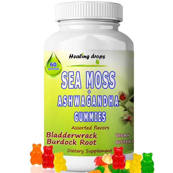 Healing Drops Sea Moss Ashwagandha Gummies - Vegan, Dairy and Gluten Free with Bladderwrack, Burdock Root – Alkaline Keto Vegan Non-GMO Diet